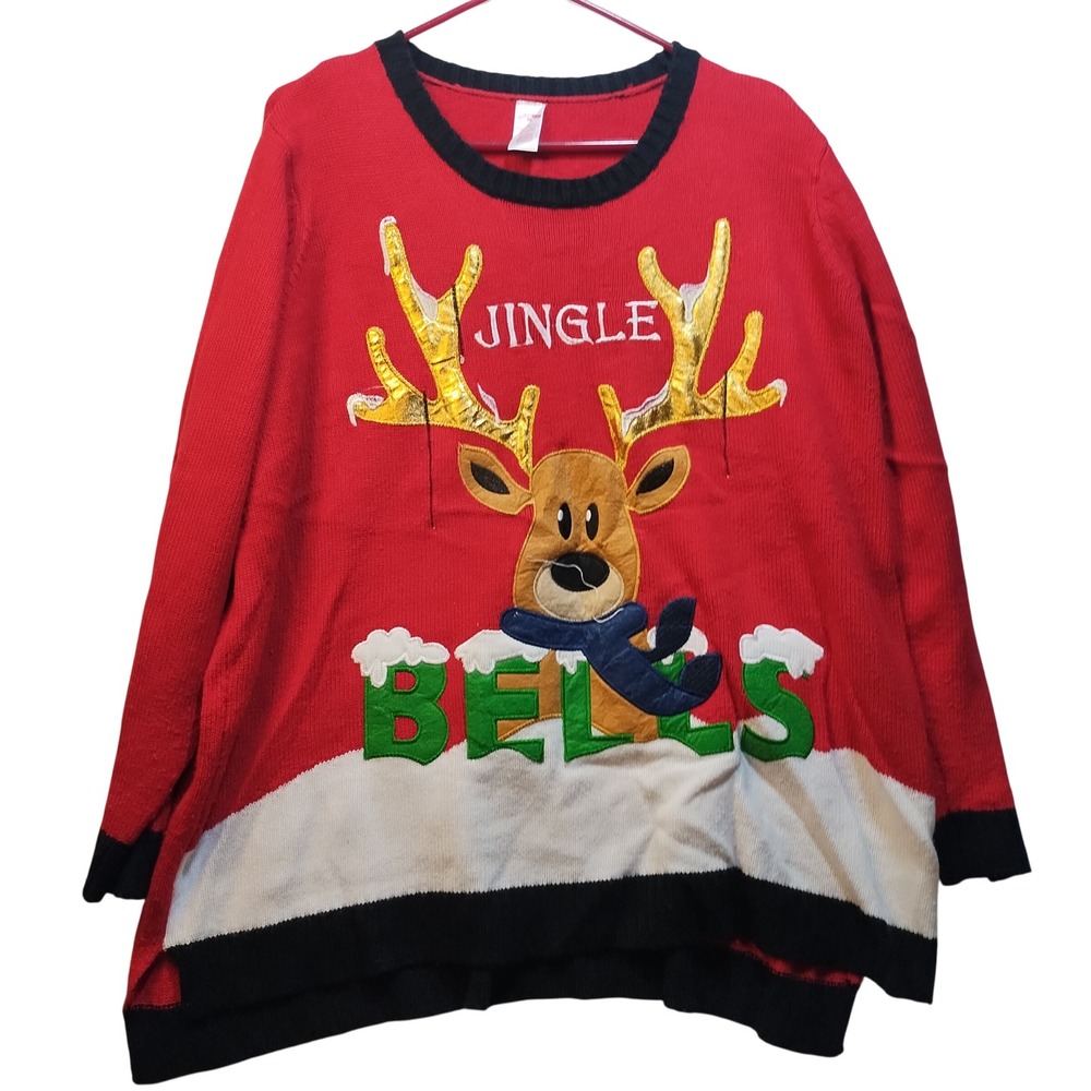 Holiday Time Womens Red Jingle Bells Reindeer‎ Ugly Christmas Sweater 3X